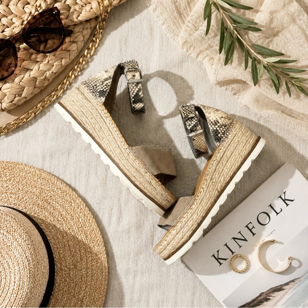 Dolce Vita Larita Taupe Multi Suede Leather Flatform Espadrille Sandals